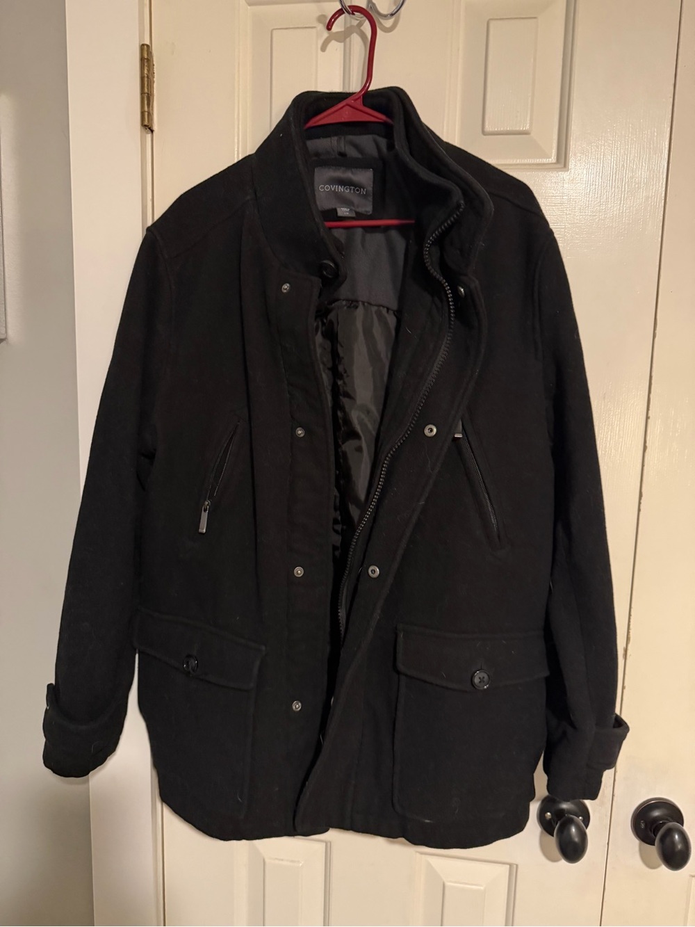 Covington Men's Black Pea Coat with Zip & Snap Closure